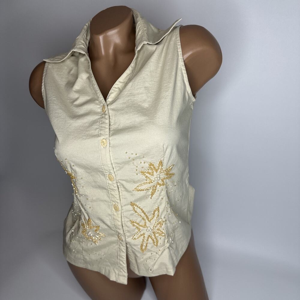 Y2K Boho Embroidered Beaded Pearl Button Knit Top Small Cottagecore Aesthetic